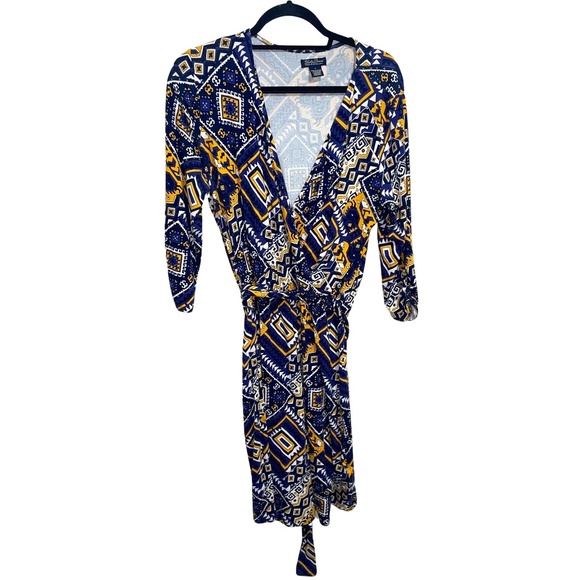 Lucky Brand Geometric/Aztec 3/4 Sleeve Surplice V-Neck Faux Wrap Mini Dress Sz L - Picture 2 of 15